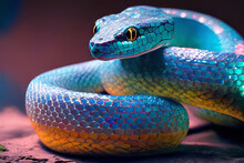 Colored Blue Beautiful Exotic Snake With Golden Eyes, Ready To Attack And Very Dangerous, Reworked And Enhanced Ai Generative Mattepainting Illustration