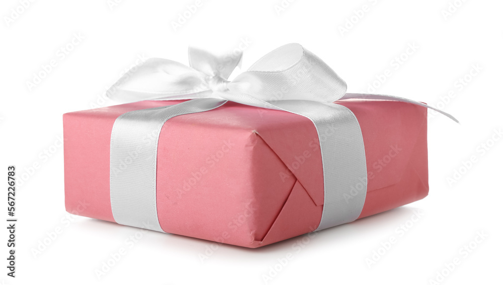 Pink gift box with bow on white background. International Women's Day celebration