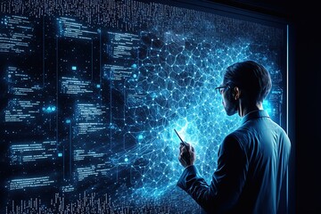 Big data technology and data science. Data scientist querying, analysing and visualizing complex data set on virtual screen. Data flow concept. Business analytics, finance, neural network, AI, ML