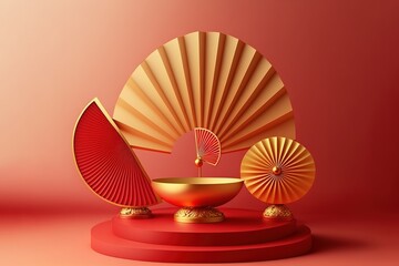 3D illustration Chinese New Year red and golden theme product display background with ingot, paper fan and podium. stock illustration Chinese New Year, Three Dimensional, Chinese Culture, Podium, Red