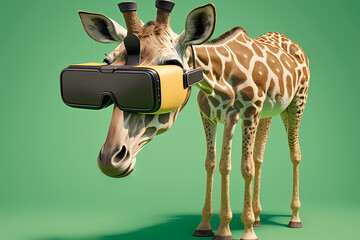 Wall Mural - Giraffe using VR glasses while standing over an isolated green background. Generative AI