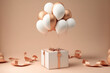 balloons Flying , Levitating present with balloon helium gift box with copper ribbon on natural studio lighting. Creative minimal holiday, birthday card concept or banner. generative ai	