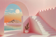 Landscape 3D Summer Scene, Arch With Castel Stairs And Pastel Sea . Pink Pastel Walls Over Sunset Sky With Sun Light. Trendy Abstract, Minimal Architecture Concept. Holiday Vibes Generative AI