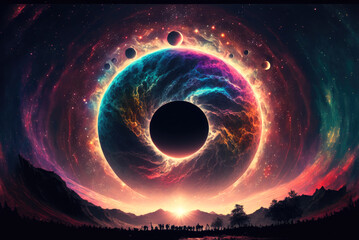 cosmic warp: a psychedelic close-up of a black hole's distorted space-time fabric, generative ai