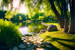 Summer Spring Landscape by the lake with Stone Path and Surrounded by Trees 2. Generative AI.