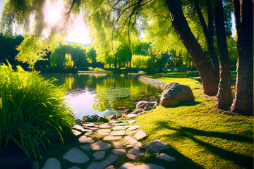 summer spring landscape by the lake with stone path and surrounded by trees 2. generative ai.