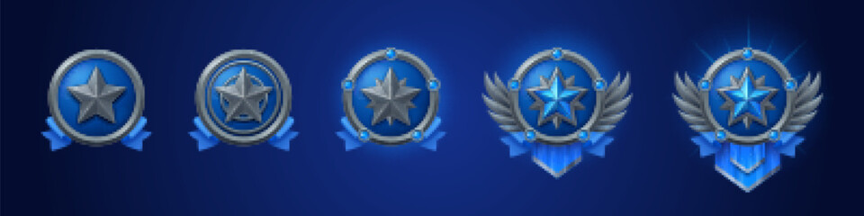 Poster - Cartoon set of silver game badges of different rank isolated on dark blue background. Vector illustration of round medals with star, blue ribbon and metal textures. Collection of level awards