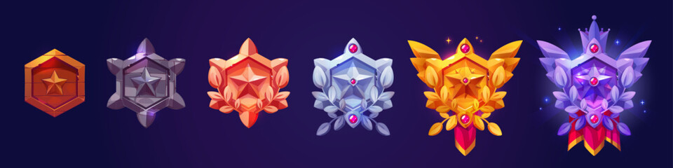 Poster - fantasy hexagon frames of game avatars. ranking wooden, stone, bronze, silver and gold badges with s