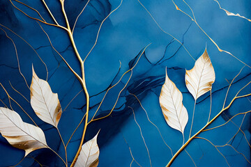 golden leaves illustration on blue background. generative ai