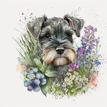 Watercolor Illustration Of A Schnauzer Puppy In The Flowers.  AI