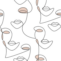 Wall Mural - Abstract woman face seamless pattern. Continuous line drawing vector. Trendy female portrait. Fashion illustration. Wallpaper, background, fabric, print, wrapping paper, card, banner, poster.