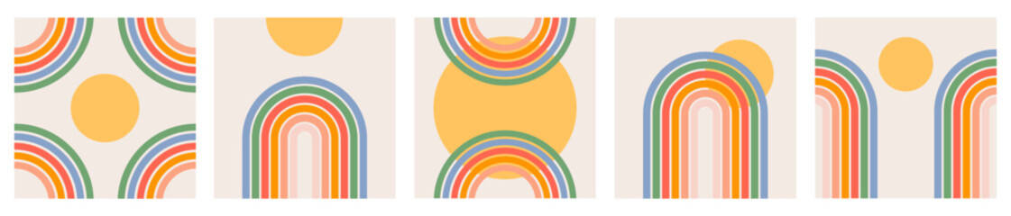 trendy abstract set aesthetic backgrounds with sun and rainbow. mid century wall decor in style 60s,