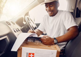 Sticker - Delivery, box and courier man in a car with checklist for ecommerce, orders and package, happy and smile. Logistics, cargo and guy driver with clipboard for parcel, online shopping and transportation