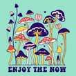 Groovy doodle style drawing square poster or print with mushrooms and inspirational slogan 