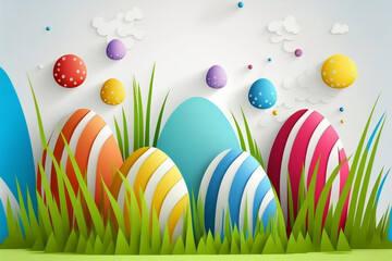  Colorful painted easter eggs, green grass and white background. Generative AI.