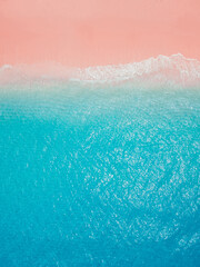 Wall Mural - Pink beach with blue ocean. Aerial view of beach on Komodo islands