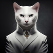 A cat in a white strict men's business suit. Generative AI. Close-up portrait.
