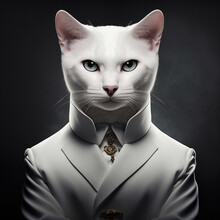 A Cat In A White Strict Men's Business Suit. Generative AI. Close-up Portrait.