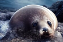 Cry For Help, The Desperate Plight Of A Baby Seal Stranded On A Littered Coast. Generative AI