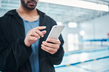 Aufkleber - Man hands, smartphone texting and swimming pool with communication, email and social media contact. Aquatic sports coach, phone and typing on screen with mobile web app, website and writing for chat