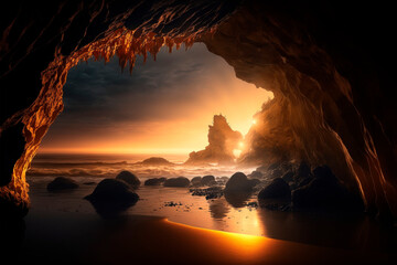 Wall Mural - beautiful sunrise from ocean cave generative ai