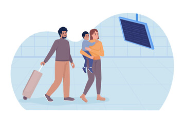 Poster - Looking at flight schedule screen 2D vector isolated illustration. Parents with child going on family trip flat characters on cartoon background. Color editable scene for mobile, website, presentation