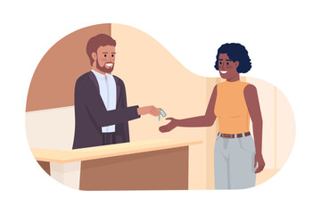 Poster - Receptionist giving keys to guest 2D vector isolated illustration. Reserve apartment. Concierge and woman flat characters on cartoon background. Color editable scene for mobile, website, presentation