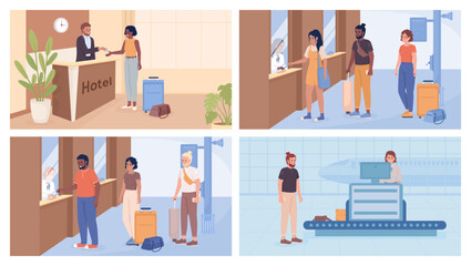 Poster - Boarding and check-in flat color vector illustration set. Booking flight tickets, room in hotel. Fully editable 2D simple cartoon characters with airport terminal interior collection on background
