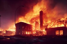 Severe Fire Engulfed Building Of Abandoned Factory, Smoke And Soot Are Everywhere. Generative AI