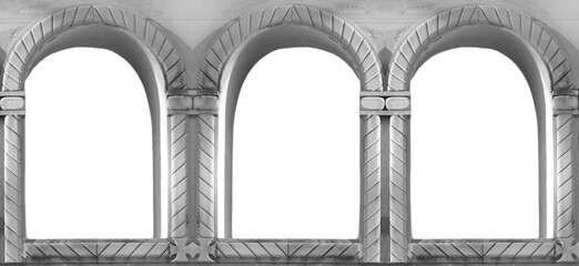 mockup image. 3 three empty white double arched windows. vintage arched windows in a wall. window frame. concept of antique vintage architecture in building elements. mock up