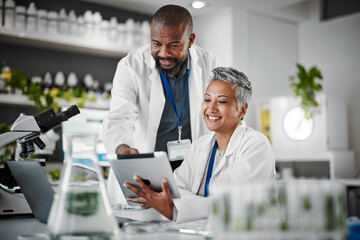 teamwork, people or tablet in biology laboratory, science collaboration or mature medical research o