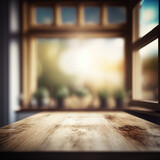 Fototapeta  - window and kitchen table, view from inside, blurred background, idyll, generative AI