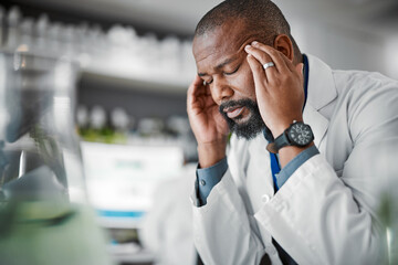 Headache, stress and black man with burnout from science, lab work and research innovation. Sad, frustrated and African scientist with migraine pain, anxiety and tired from healthcare analysis