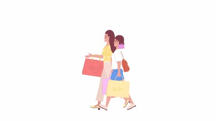 Poster - Animated mom and daughter with bags. Purchasing clothes together. Flat people on white background with alpha channel transparency. Color cartoon style 4K video footage of characters for animation