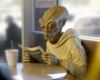 Alien reading newspaper at a diner