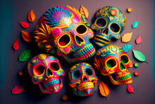Masks And Colored Skull With Flowers For Ritual Ceremonies