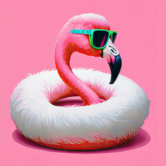 Flamingo with float and sunglasses on pastel pink background. Summer minimal concept illustration. Generative ai