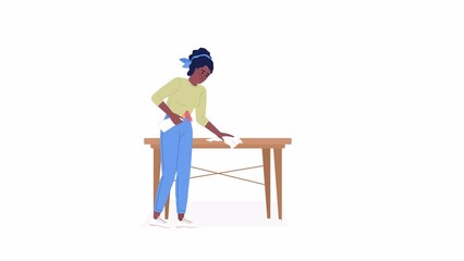 Poster - Animated woman wiping down surface. Cleaning task. Full body flat person on white background with alpha channel transparency. Color cartoon style 4K video footage of character for animation