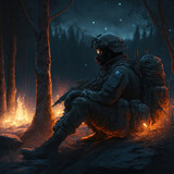 Fototapeta  - Soldier with an assault rifle and tactical gear, sitting near a campfire in a forest, very dark night, Generative AI
