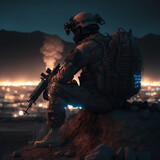 Fototapeta  - Soldier with an assault rifle and tactical gear, sitting near a campfire in a forest, very dark night, Generative AI