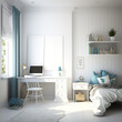 a bedroom with a desk and a window in the backround of the room. Bright interior with sunshine. Generative AI
