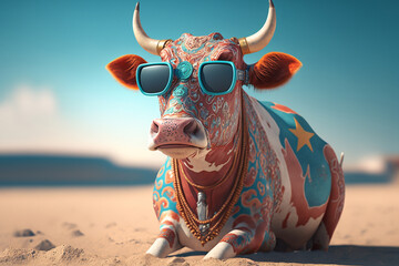 Funny hippie cow with sunglasses. Generative AI.