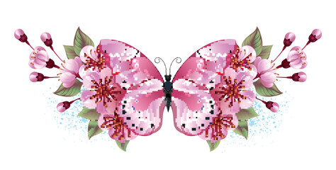 Canvas Print - Pink butterfly with sakura