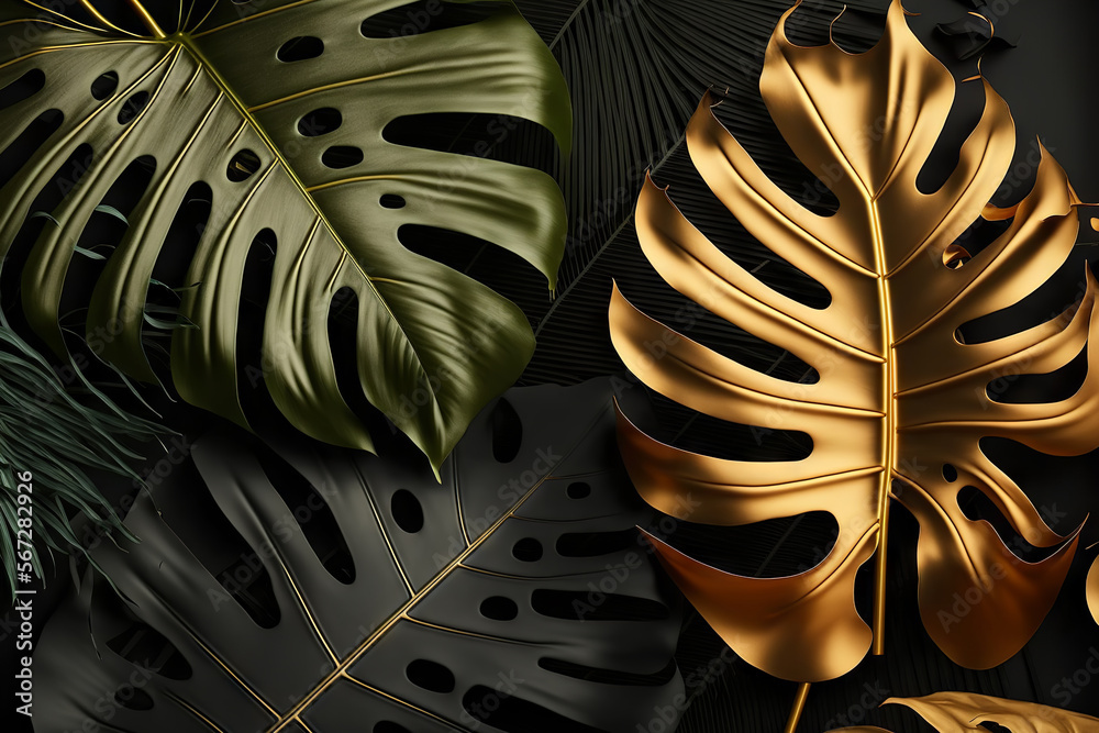 Black and gold tropical leaves background. Golden foliage leaf texture ...