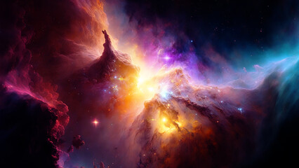 Fototapete - Large panoramic view of a colorful dark blue nebula in space. Cosmic background with bright shining stars, galaxies and deep universe. Generative ai