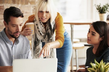 Aufkleber - Laptop, team work or creative people in a meeting planning ideas for our vision or startup development. Collaboration, innovation or woman pointing at research data or strategy with graphic designers