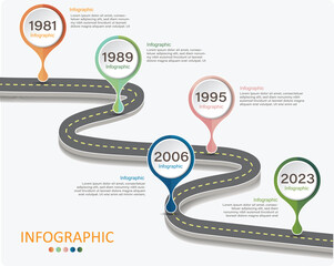 Poster - Vector infographic showing timelines in the occurrence of milestones. or sequence of time It is a curved road with a point indicating where to put the letters.