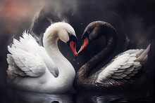 Love in the wildlife. A cute scene of two loving swans, one white swan and one black swan. AI.