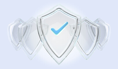 Poster - Glass shield with tick sign on blue background 3d render icon set. Concept of privacy, secure data protection, computer or phone access security, verification system with checkmark