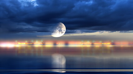 Wall Mural - sea at nigh ,tarry sky and big moon at sea blue cloudy dramatic sky sun light and big moon reflectio
